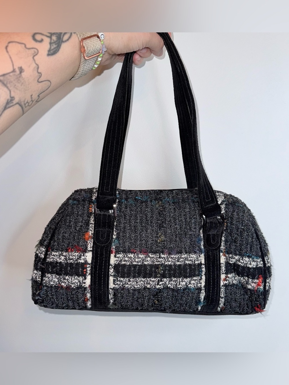 Black Tweed Shoulder Bag with Velvet Straps